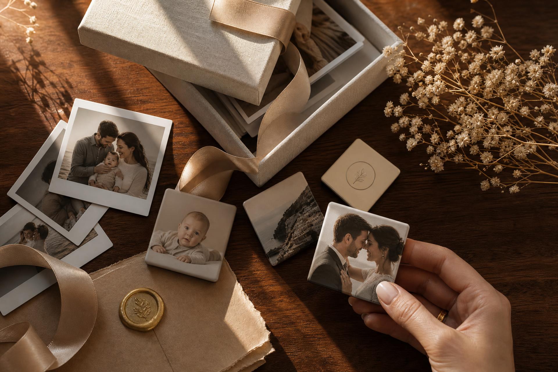 Handcrafted personalised photo magnets, polaroids and keepsake box on a warm walnut table